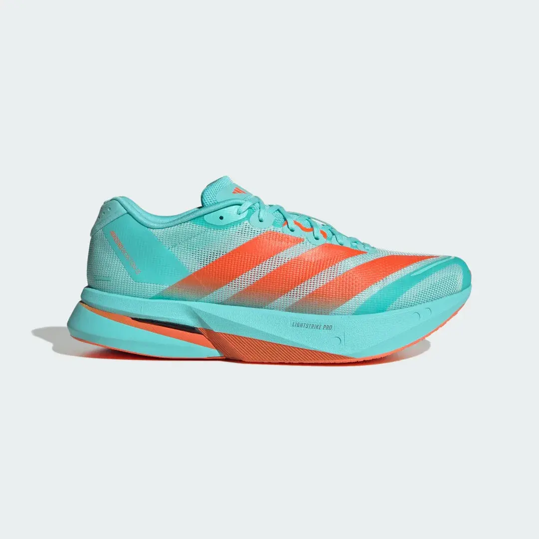 Adidas Adizero Boston 13 løpesko i turkis med oransje striper, sett fra siden