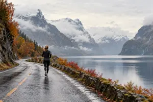 Illustrasjon av en kvinnelig løper sett bakfra på en våt asfaltvei langs en norsk fjord om høsten
