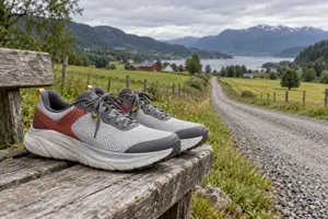 Illustrasjon av et par løpesko med tykk såle på en trebenk ved en lang grusvei gjennom jordbrukslandskap
