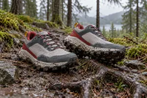 Illustrasjon av et par enkle terrengløpesko med grove knaster på en gjørmete sti med røtter i granskog