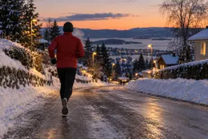Illustrasjon av en løper sett bakfra på en snødekt og isete boligvei i skumringen under gatelys