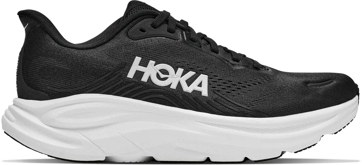 Hoka Clifton 11 Wide løpesko for herre i svart med hvit såle, sett fra siden
