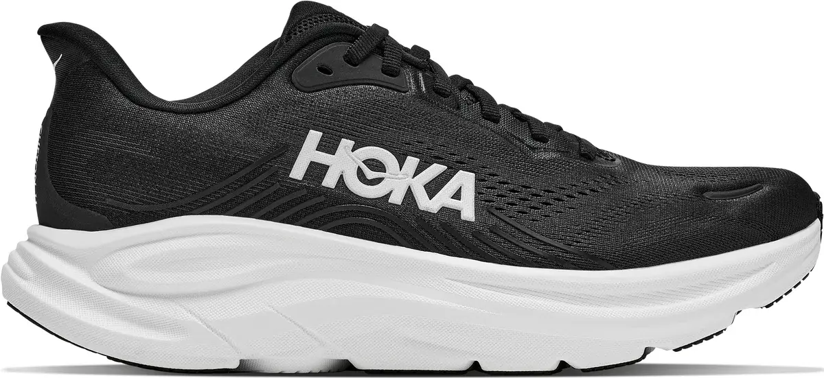 Hoka Clifton 11 løpesko for dame i svart med hvit såle, sett fra siden