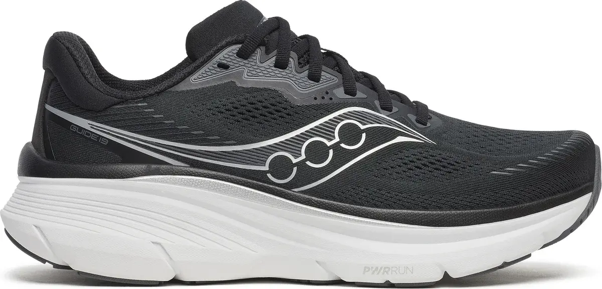Saucony Guide 19 løpesko for herre i svart med sølvfarget logo og hvit såle