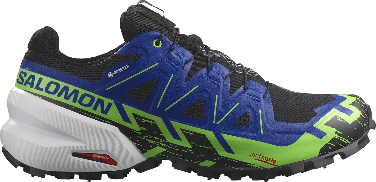Salomon Spikecross 6 GORE-TEX i svart, blått og grønt med pigger i yttersålen