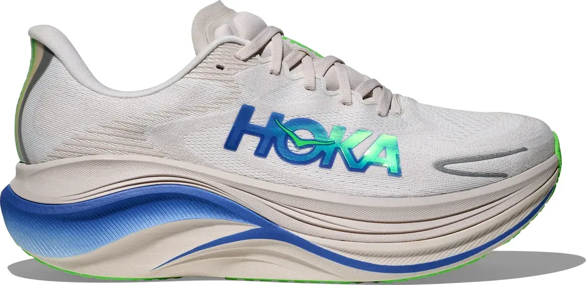 Hoka Skyward X 2 herreløpesko i lys grå med blå og grønn såle sett fra siden